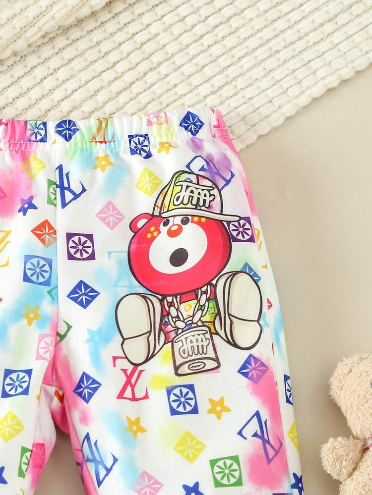 Baby Girls' Fall & Winter Tie-Dye Printed Bear Patterned Bottoms
