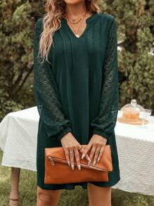 SHEIN LUNE Lace Long Sleeve Notch Neck Women's Dress - Dark Green - View 3