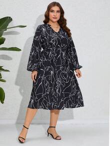 大尺碼女士抽象線條印花荷葉袖連衣裙 - 彩色 - 查看 4