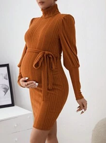 SHEIN 孕婦高領羊肉袖自帶腰帶連身裙 - 棕色 - 查看 4