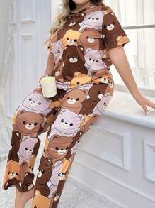Plus Size Women's Cute Bear Printed Short Sleeve And Pants Pajama Set - Multicolor - View 3