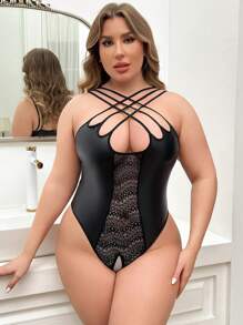 加大碼性感蕾絲拼接連身衣內衣 - 黑色 - 查看 4