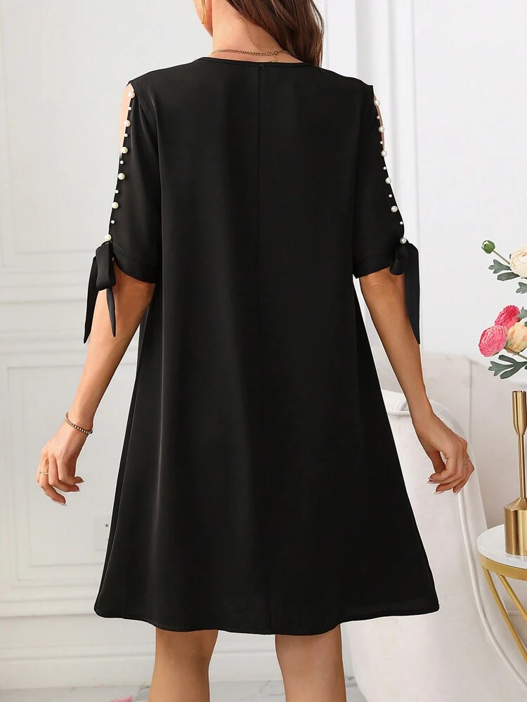 Women's Pearl Beaded Studs V-Neck Tie-Front Split Sleeve Dress