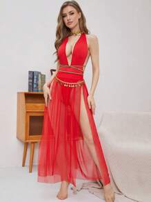 Của phụ nữ Cái nĩa cao Lưới Bộ trang phục - Đỏ - Xem 5