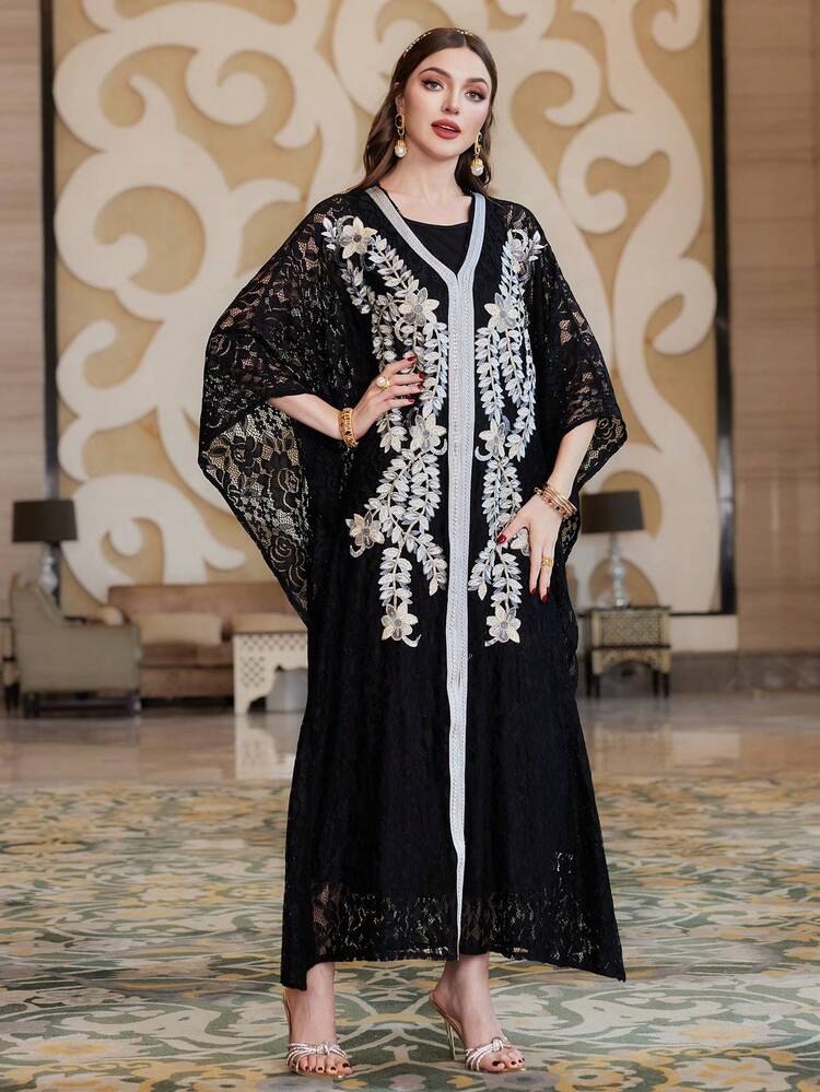 Floral Embroidery Lace Joint Two-Piece Suit Kaftan & Jalabiya Dress, Elegant Luxury Evening Party Style