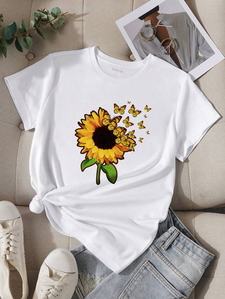 SHEIN EZwear Kvinnors Solros & Fjäril Tryckt T-shirts - Vitt - Visa 1