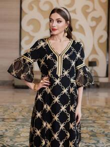 Al Najma Embroidery Tape Mesh Ruffle Sleeve V-Neck Dress - Black - View 5