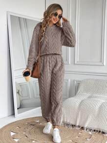 SHEIN LUNE Conjunto De Dos Piezas Texturizado Con Flecos De Peluche Para Mujer - Gris - Ver 5