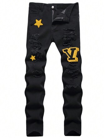 Men Star & Letter Patched Ripped Jeans