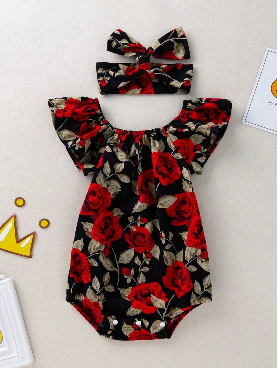 Baby Girl Vintage Rose Pattern Cap Sleeve Bodysuit With Headband - Multicolor - View 1