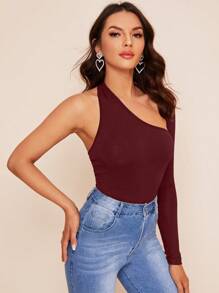 SHEIN Privé 女士單肩露肩連身衣 - 酒紅色 - 查看 5