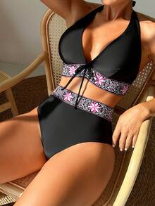 女士花卉印花前结式吊带上衣和高腰三角比基尼泳裤套装狂欢节，适合夏季海滩度假 - 黑色 - 查看 3