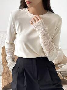 DAZY Ren Vá lại Tay áo dài Áo thun - Màu be - Xem 6