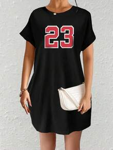 SHEIN EZwear Round Neck Number Printed Dress - Black - View 5