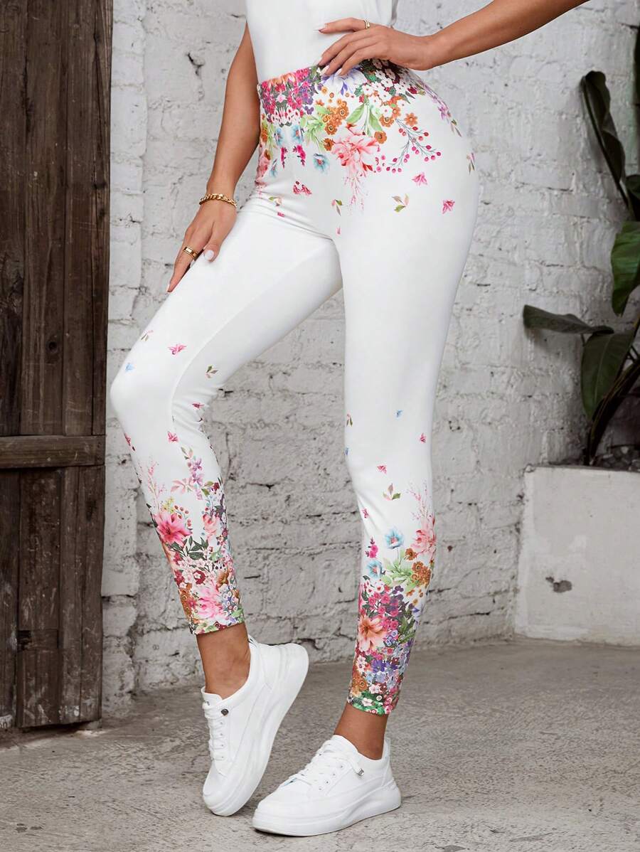 SHEIN LUNE Flower Print Leggings For Women - Multicolor - View 1