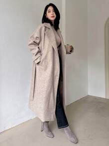 Dazy Designer 女士纯色翻领长袖双排扣长款休闲大衣，秋冬女装外套，秋季女装 - 杏色 - 查看 3