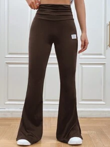 SHEIN EZwear High Waist Knitted Stretch Flared Pants - Brown - View 4