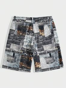 ROMWE MEN ROMWE Avant Men's Retro Distressed Imitation Printed Denim Capris Pants Are Suitable For Daily Use In Spring And Summer - Multicolor - View 2