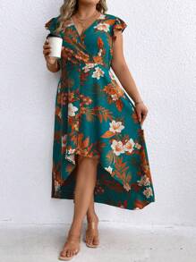 SHEIN Clasi Plus Size Wrap Neckline High-Low Hem Dress - Multicolor - View 5