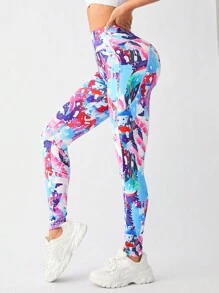 SHEIN Yoga Funny Ink Printing Pocket & Side Stripe Design Sports Leggings - Multicolor - View 5