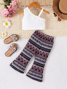 Pantalones acampanados impresos con geometría para bebé niña con una parte superior de punto asimétrica con ondas - Multicolor - Ver 1