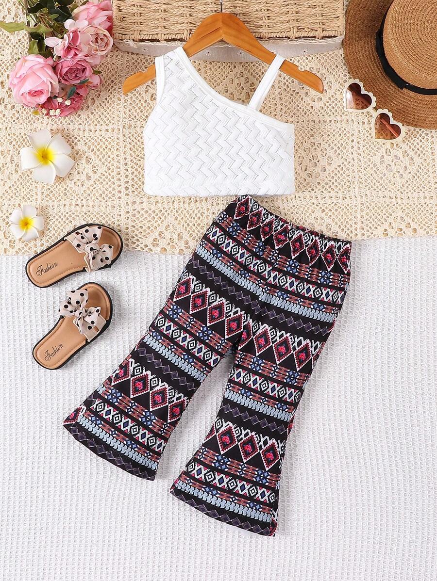 Pantalones acampanados impresos con geometría para bebé niña con una parte superior de punto asimétrica con ondas - Multicolor - Ver 1