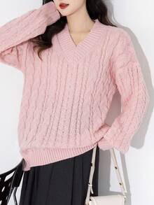 Women's V-Neck Drop Shoulder Long Sleeve Sweater - Pink - View 4