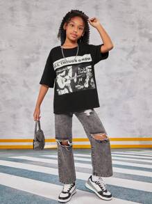 SHEIN Tween Girl Round Neck Short Sleeve T-Shirt, Casual Style, Letter And Guitar Print - Black - View 3
