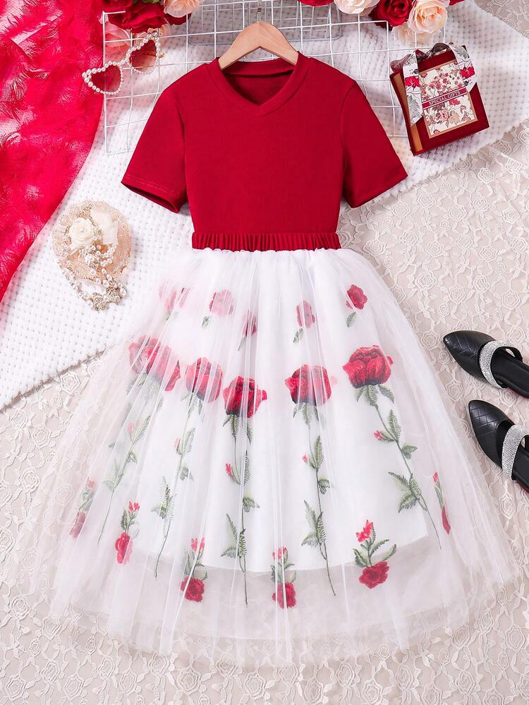 Tween Girls' Knitted Top And Embroidered Flower Mesh Skirt Outfits, Perfect For Spring/Summer Parties