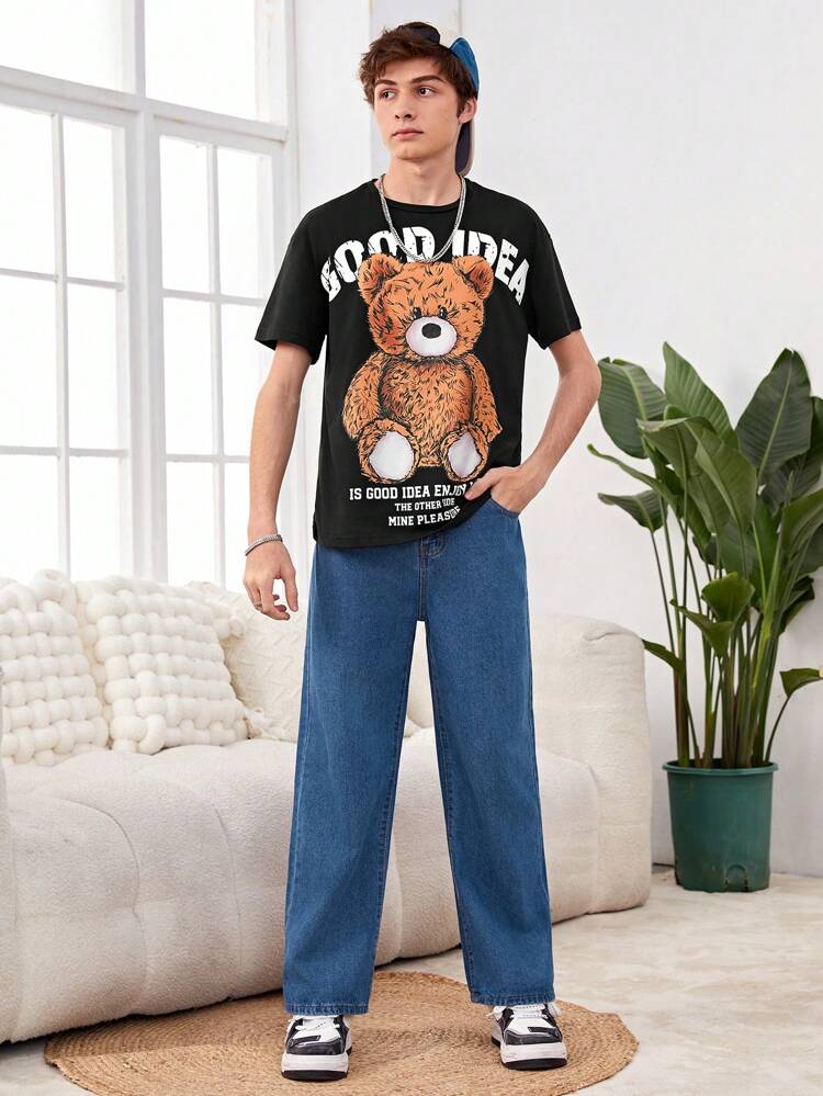 Teen Boys' Vintage Streetwear Bear Printed Short Sleeve T-Shirt And Loose Fit Pants, Casual Outfits