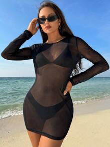 Swim Vcay Của phụ nữ Lưới trong suốt Áo len Mở - màu đen - Xem 1