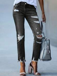 Street Style Distressed Washed Pants - Black - View 3