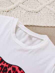 Teenage Girls' Lip Pattern Printed T-Shirt And Leopard Print Flare Pants Set - Multicolor - View 4