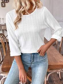 SHEIN Essnce Của phụ nữ Vòng cổ Tay áo dài Áo thun - trắng - Xem 6