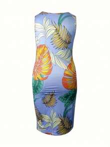 大码女式棕榈树印花无袖连衣裙，休闲度假夏季优雅款 - 藍色 - 查看 2