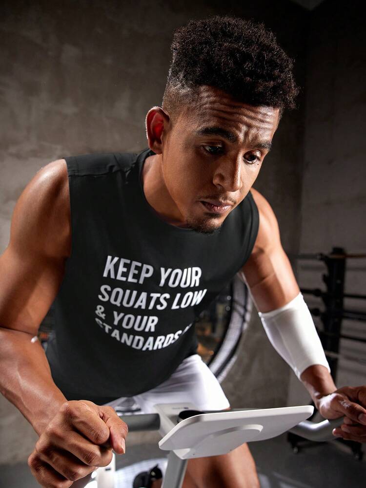 Men's Letter Print Athletic Tank Top Workout Tops Compression Shirt Men