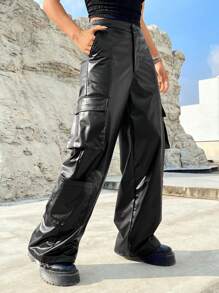 SHEIN Coolane 女款貨物口袋長褲 - 黑色 - 查看 1