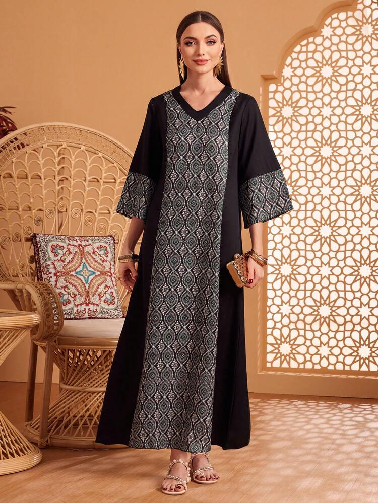 Ladies' Printed Patchwork Dress Kaftan Jalabiya Dress