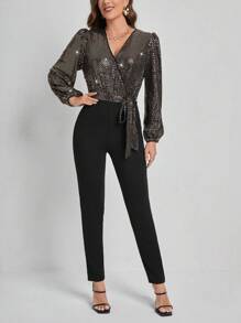 SHEIN Frenchy Women's Shiny Patchwork Lantern Sleeve Jumpsuit - Champagne - View 4