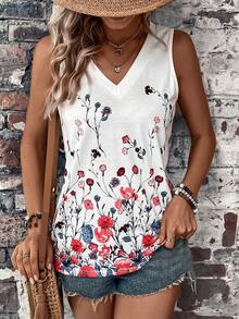 SHEIN LUNE 女士花卉印花 V 领无袖上衣 图案 T 恤 女士上衣 - 白色 - 查看 5