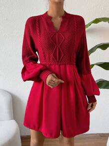 SHEIN Clasi Women's Long Sweater With Notched Collar And Drawstring Waist Knit Pullover Fall Winter - Red - View 3