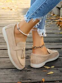 2025年秋季女士休闲卡其色舒适平底乐福鞋、运动鞋、一脚蹬莫卡辛鞋 - 卡其色 - 查看 2