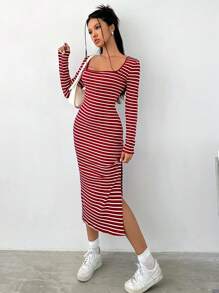 SHEIN EZwear Sọc Tay áo dài Bên Khe Đầm - Đỏ - Xem 5