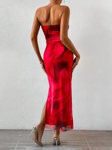 Islaluna 女式扎染露肩侧开衩连衣裙，适合新年服装，长款女装