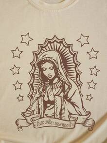 SHEIN LUNE Plus Size Virgin Mary Pattern Short Sleeve T-Shirt - Beige - View 4