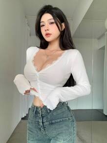 DAZY 女式纯色蕾丝拼布T恤长袖女式上衣 - 白色 - 查看 6