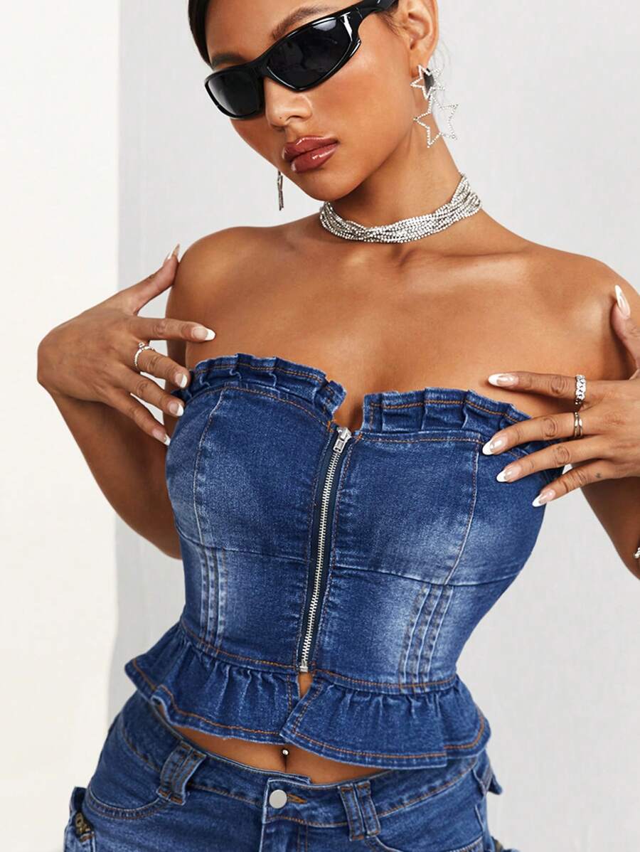 SHEIN ICON 女性的露肩荷葉邊牛仔上衣 - 藍色 - 查看 1