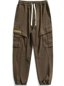 Men's Cargo Pants With Drawstring Waist And Elastic Cuffs - Coffee Brown - View 4