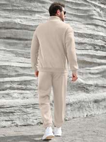 Manfinity Homme Men's Zipper Quarter-Zip Sweatshirt And Sweatpants Two Pieces Set - Khaki - View 2