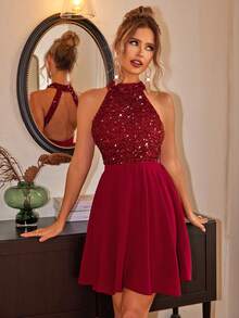 Joyfunear Women's Beaded Halter Neck Sequin Decor Elegant Short Dress - Red - View 5